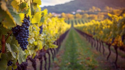 Naklejka premium Picturesque vineyard during harvest season with blurred grapevines