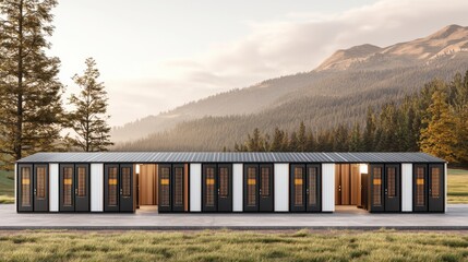Modern modular building set against a serene landscape, featuring glass walls and a simple design, perfect for showcasing innovative architecture.