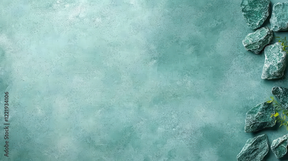 Poster Calming green background with textured surface and stones, perfect for design projects. serene color palette evokes tranquility and nature beauty