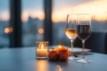 Romantic celebration cozy city skyline evening with champagne and roses photography