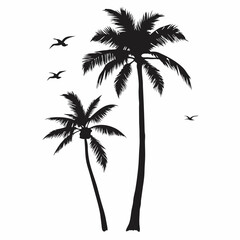 Two palm trees stand tall in the foreground, with a flock of birds flying in the sky above them. The birds are scattered throughout the scene, with some flying closer to the trees