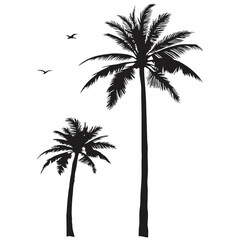 Two palm trees stand tall in the foreground, with a flock of birds flying in the sky above them. The birds are scattered throughout the scene, with some flying closer to the trees