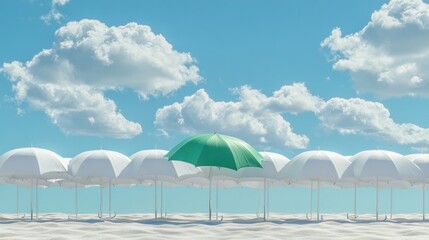 Green umbrella stands out among white ones on beach under blue sky