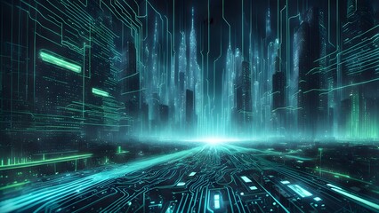 Fototapeta premium Futuristic cityscape illuminated by glowing circuit board pathways, representing digital technology and urban innovation.