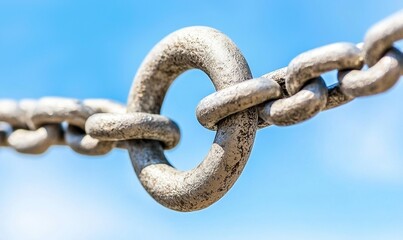 Naklejka premium Metal chain link connection against blue sky, ideal for strength or security concepts