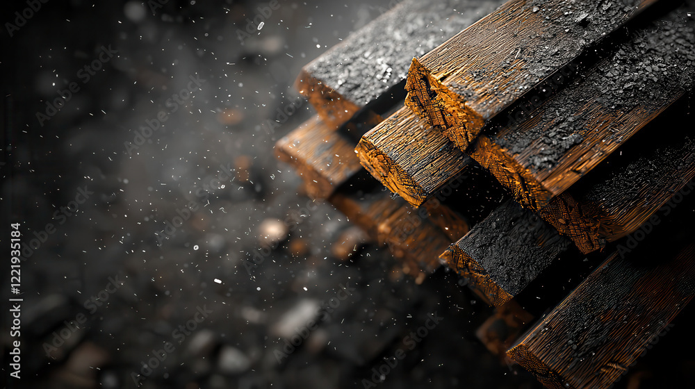 Poster weathered wooden planks stacked together, showcasing texture and detail. image captures moody atmosp