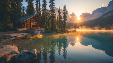 Sunrise Serenity: Majestic Mountain Lake Cabin