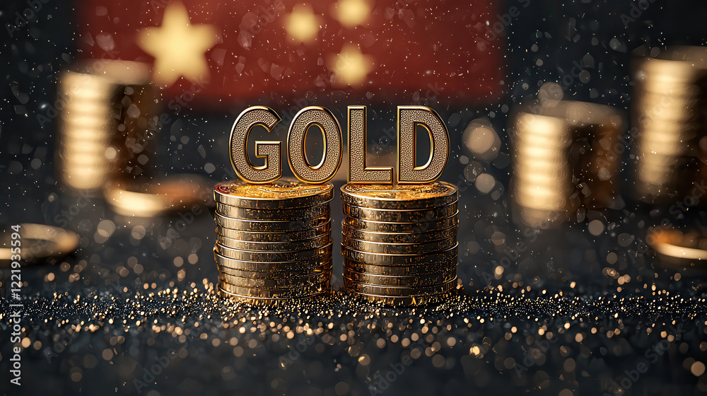 Poster gold coins stacked with word gold prominently displayed, creating luxurious and rich atmosphere. bac