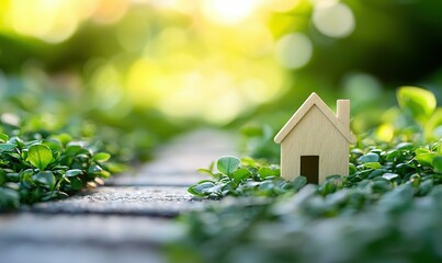 Naklejka premium Miniature wooden house amidst greenery on a path, symbolizing eco-friendly living