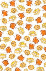 Delicious pancakes and bread with jam and chocolate biscuits pattern