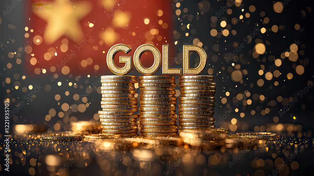 Poster macro shot of gold coins stacked with word gold prominently displayed, creating luxurious and rich a