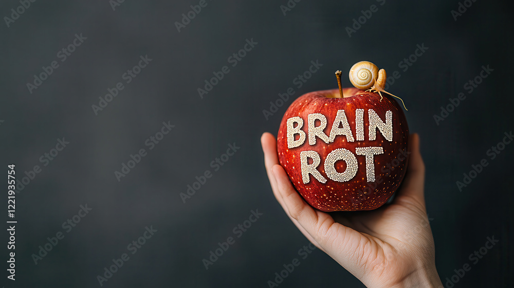 Aufkleber hand holding red apple with words brain rot written on it, accompanied by small snail. image conveys
