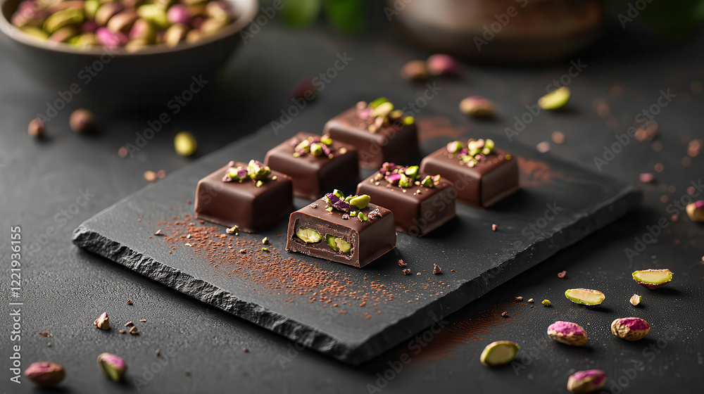 Aufkleber decadent chocolate squares topped with pistachios on slate plate, surrounded by scattered nuts and c