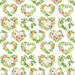 Fototapeta premium Floral heart pattern featuring roses and greenery creates a romantic ambiance in a vintage design