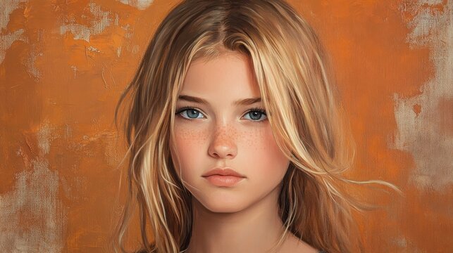 Portrait of a Young Girl with Blonde Hair and Freckles on Canvas