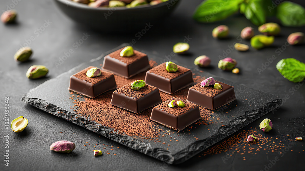 Poster decadent chocolate squares topped with pistachios on slate board, surrounded by scattered nuts and m