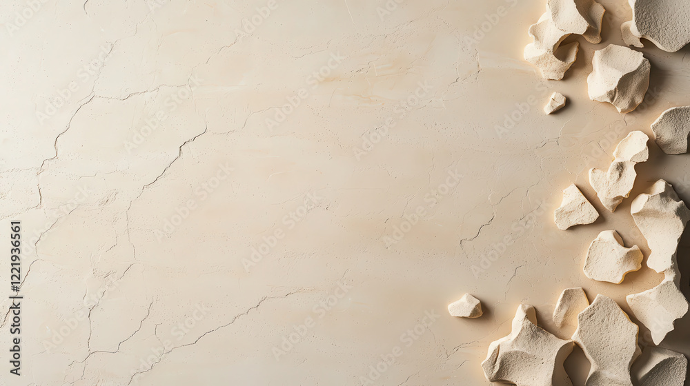Poster Soft cream toned texture resembling marble with scattered stones, creating serene and elegant background. Ideal for design and artistic projects