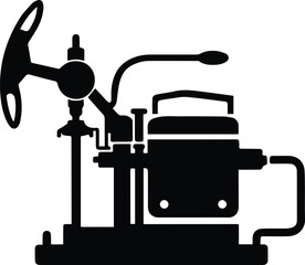 A Black Silhouette of a Vintage Mechanical Device Featuring a Handwheel Valve System and Connected Components