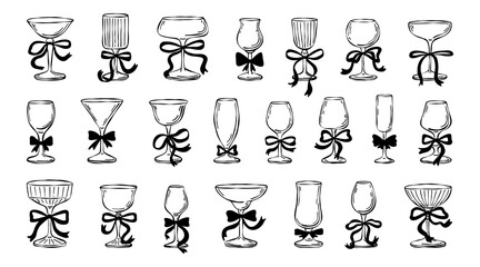 Alcohol cocktail hand drawn set. Vector coquettish ribbon bow, wine glass wedding celebration beverage. Doodle cheer cocktail event invitation illustration.