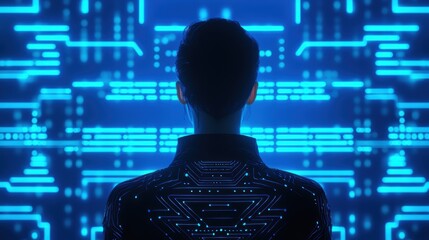 Person Observing Futuristic Digital Interface with Glowing Blue Circuits