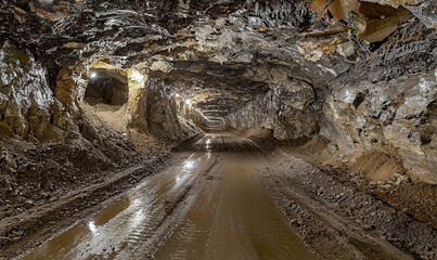 Muddy road in underground mine tunnel with rough rocky walls and lights