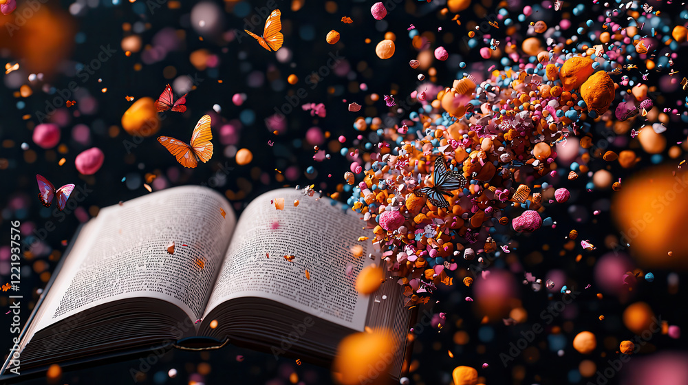 Leinwandbilder open book surrounded by colorful particles and butterflies, creating whimsical and magical atmospher