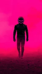 Acrylglasbilder Rosa Pixelated Figure in Neon Pink Fog A Retrofuturistic Scene  © Satisgitfied