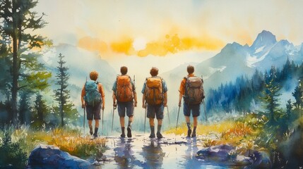 Obraz premium Watercolor hikers journey into scenic mountains at sunrise with trekking poles and backpacks