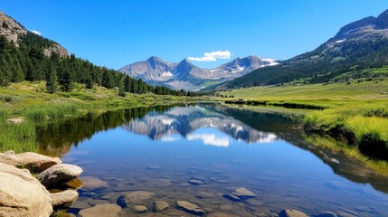 Fototapeta premium Serene Reflection of Mountains in Calm Forest River Landscape