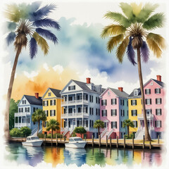 Obraz premium watercolor illustration of Charleston, South Carolina, showcasing its historic waterfront.