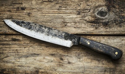 Old dirty knife on rustic wooden table