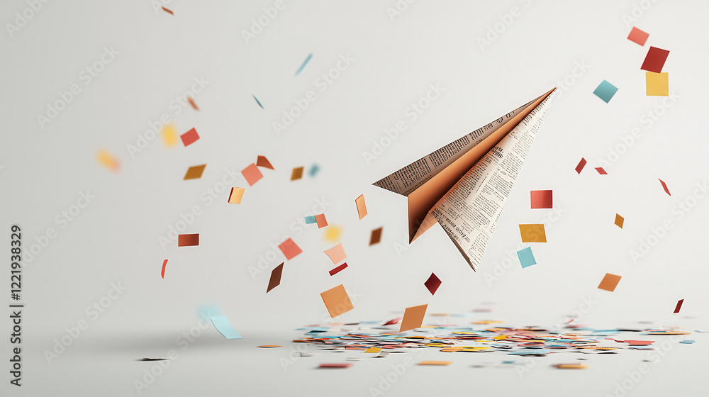 Aufkleber paper airplane made from newspaper flies through colorful confetti background, creating sense of joy
