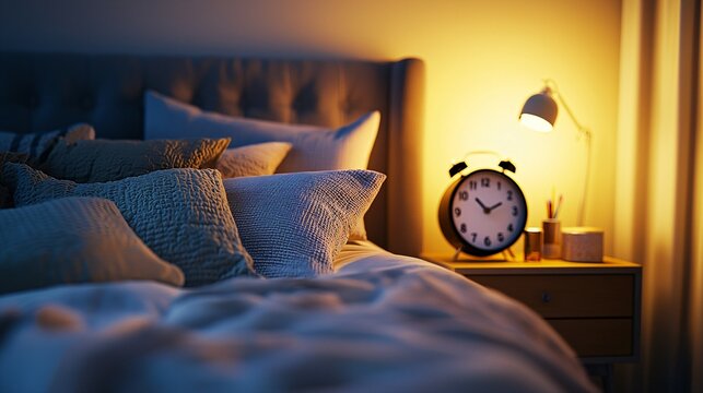 Serene bedroom with cozy bed, soft pillows, and dim lighting. Nightstand clock shows late hour, highlighting the importance of good sleep habits in a quiet room.
