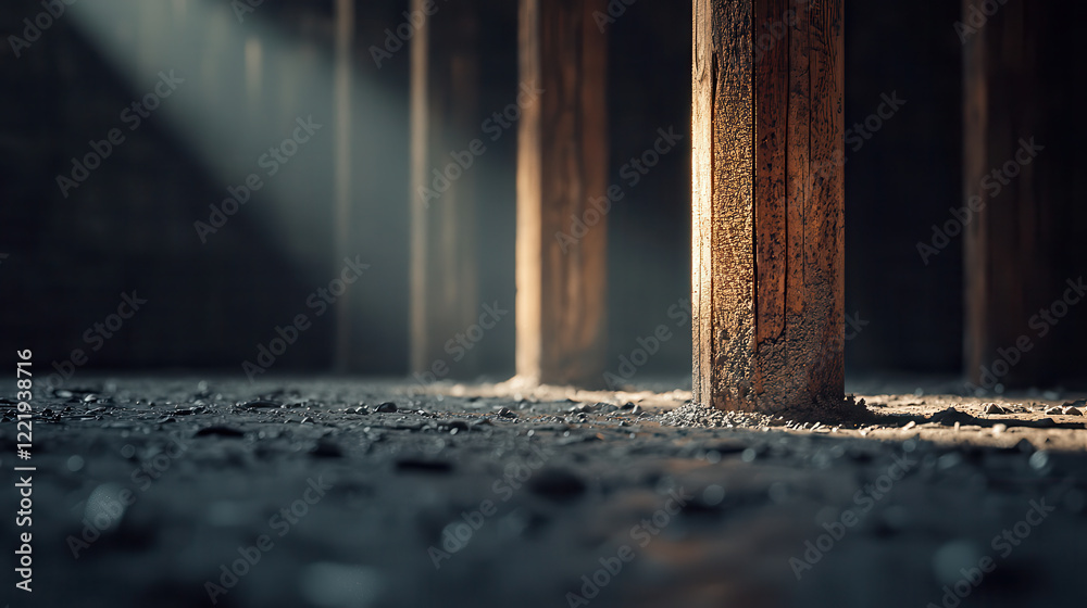Poster Dimly lit interior with wooden pillars casting shadows on ground, creating mysterious atmosphere. Dust particles are visible in light beams, enhancing ambiance