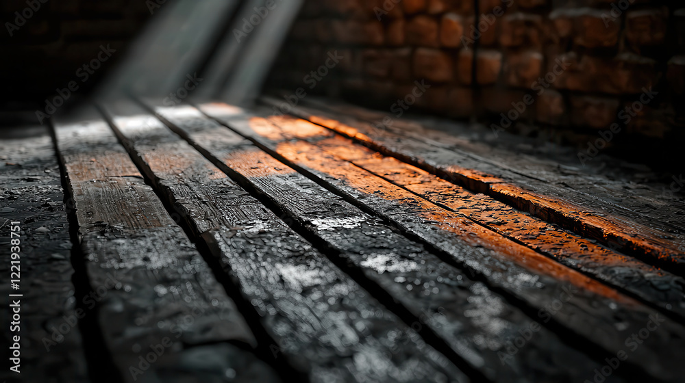 Poster dimly lit wooden floor with textured planks and warm light streaming in, creating moody atmosphere. 
