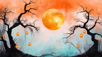 Sunset Landscape with Trees and Orange Orbs in an Artistic Scene