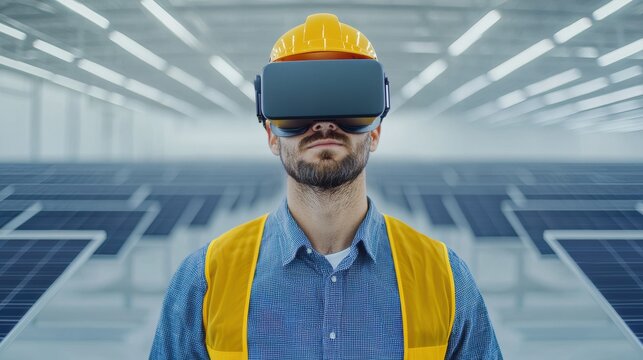 A worker uses virtual reality goggles to enhance interaction with solar panels in a clean energy facility, showcasing innovation in green technology.