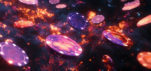 Obraz premium flying casino poker chips, on a thunder background, generative ai