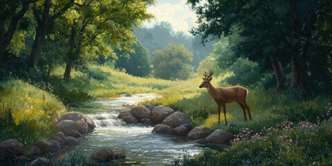 Fototapeta premium Serene Deer by the Stream in a Sunlit Forest