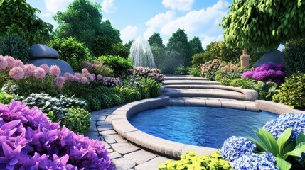 Serene Garden Landscape with Elegant Pool and Colorful Flowers