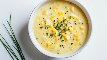 A bowl of creamy corn chowder with chunks of potato and a sprinkle of chives, Centered in a minimalist white bowl, Overhead view with soft ambient light
