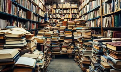 Fototapeta premium Overflowing bookshelves and stacks in a library, chaos and order, for educational or background use
