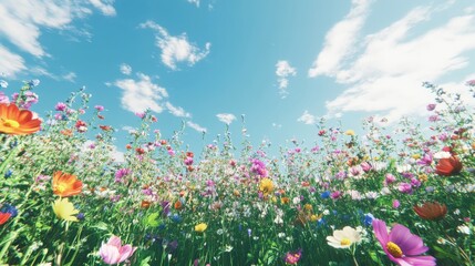 Obraz premium Colorful Wildflowers Under a Bright Blue Sky