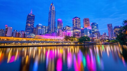 Obraz premium Stunning Night Skyline of Melbourne with Colorful Reflections
