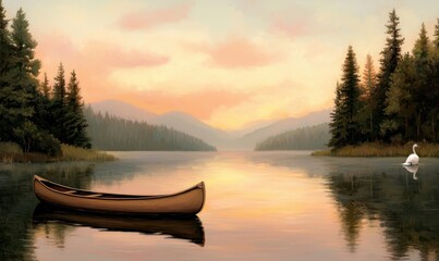 Obraz premium Serene Lake Sunset with Canoe and Swan