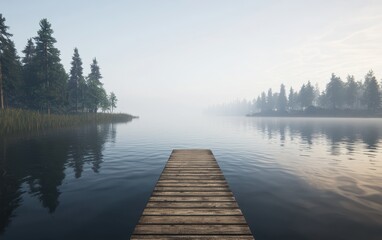 Fototapeta premium Serene Morning Mist Over a Tranquil Lake with Wooden Dock