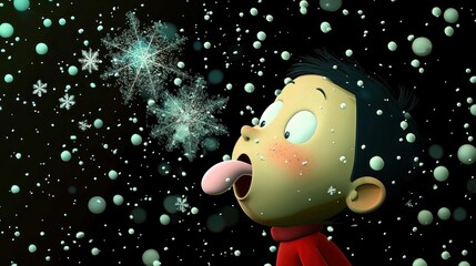 Boy blows snowflakes, winter night, animation, background snow, holiday card