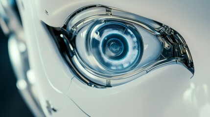 A close-up of a humanoid robot&rsquo;s eye with high-resolution imaging technology, modern tech background, Futuristic style