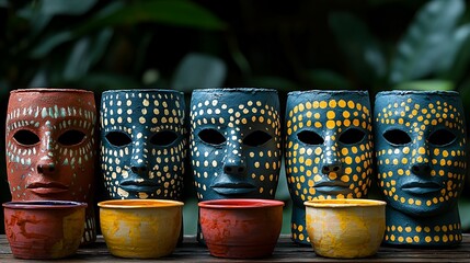Colorful painted masks and pots, jungle background, home decor