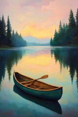 Obraz premium Serene Sunset over Calm Lake with Canoe
